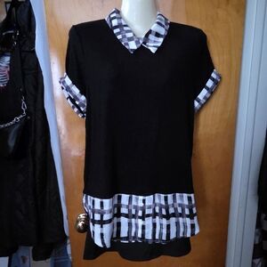 Elle Black Top with White Plaid Accents